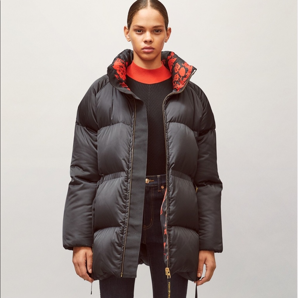 Tory Burch Sport Black Floral Long Puffer with Tie Waist